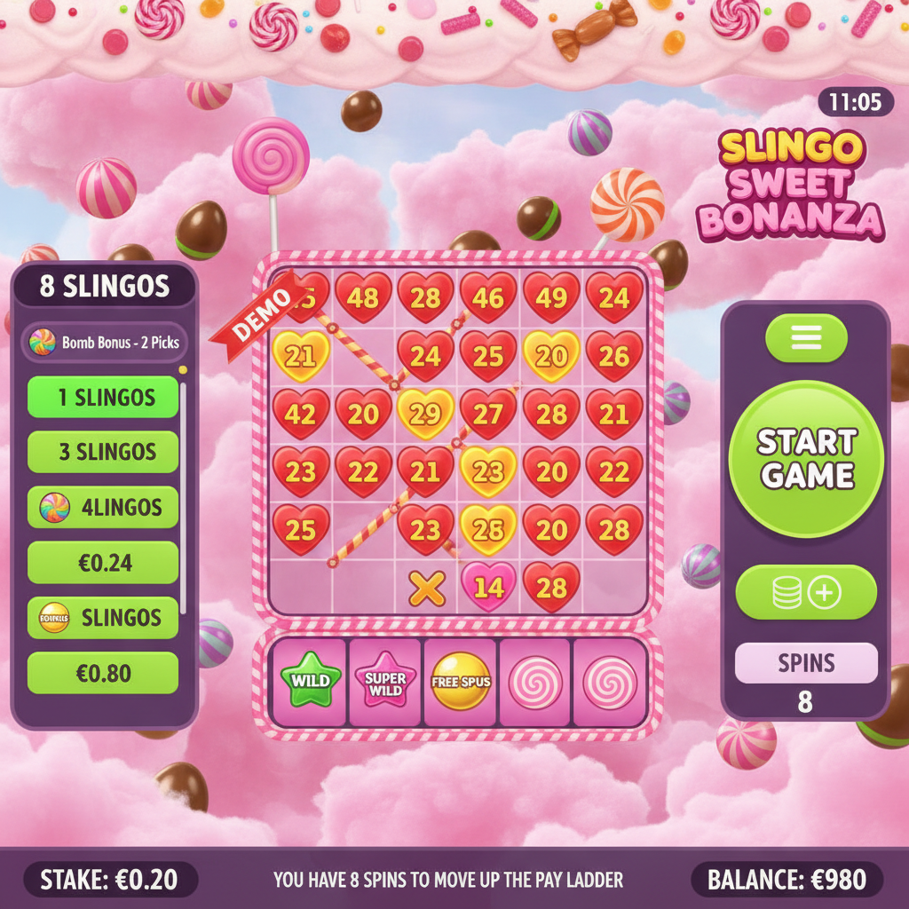 Slingo Sweet Bonanza 5x5 candy heart grid with colorful lollipops, rainbow swirled candies, and pink cotton candy clouds background