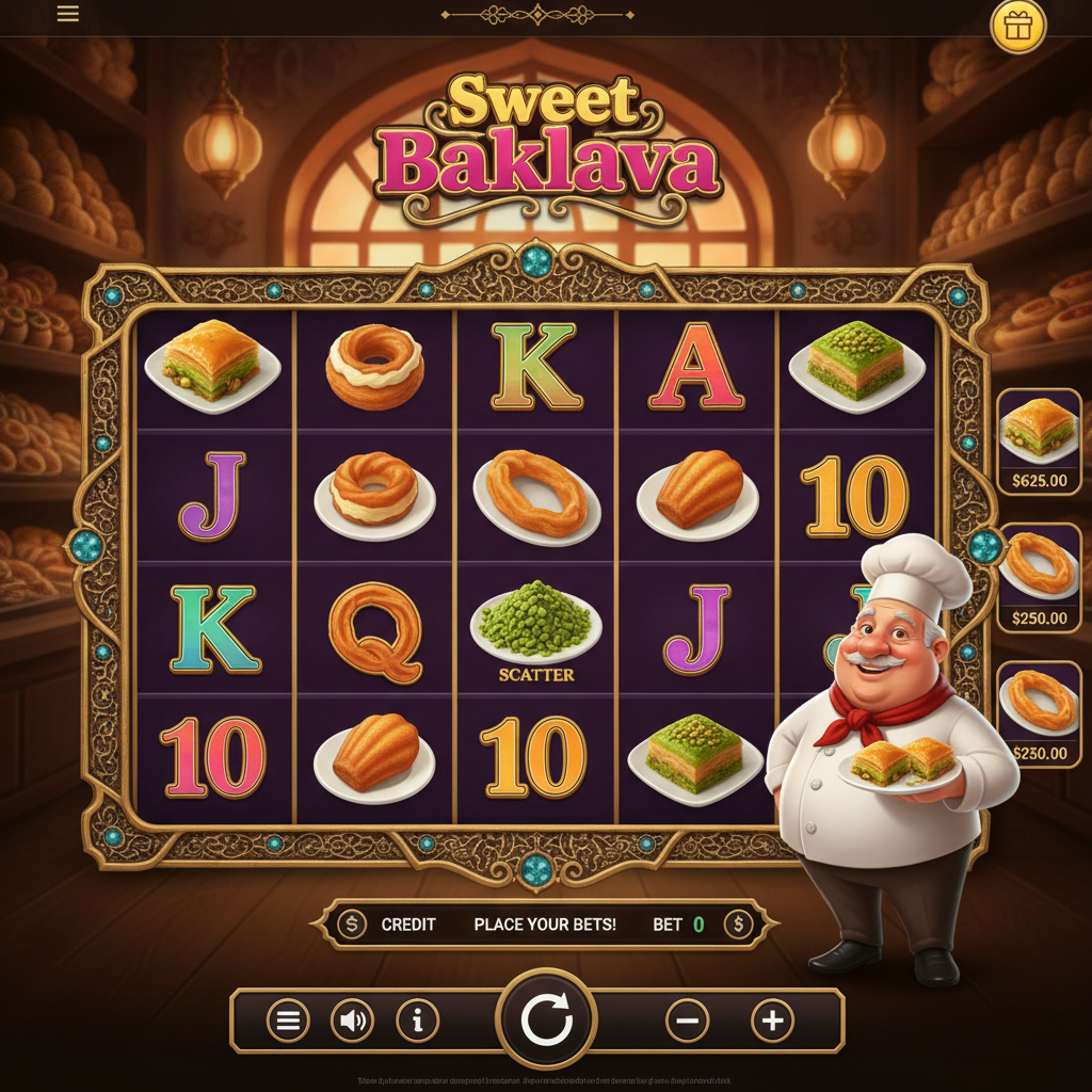 Sweet Baklava slot game featuring ornate golden frame, chef character holding baklava tray, warm Turkish bakery interior with pastries and desserts on purple reels