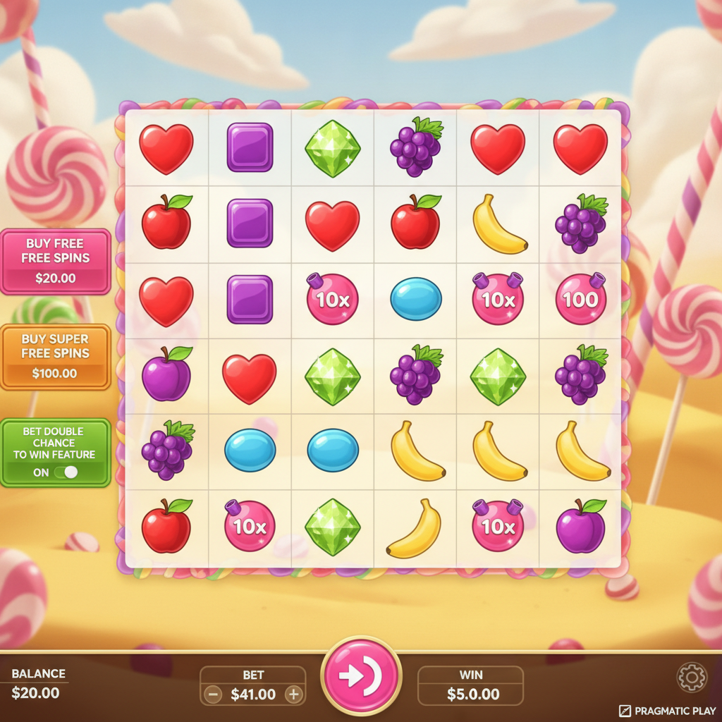 Sweet Bonanza 1000 slot showing 6x5 candy grid with heart symbols, lollipops, fruits and multiplier bombs against desert and sky background