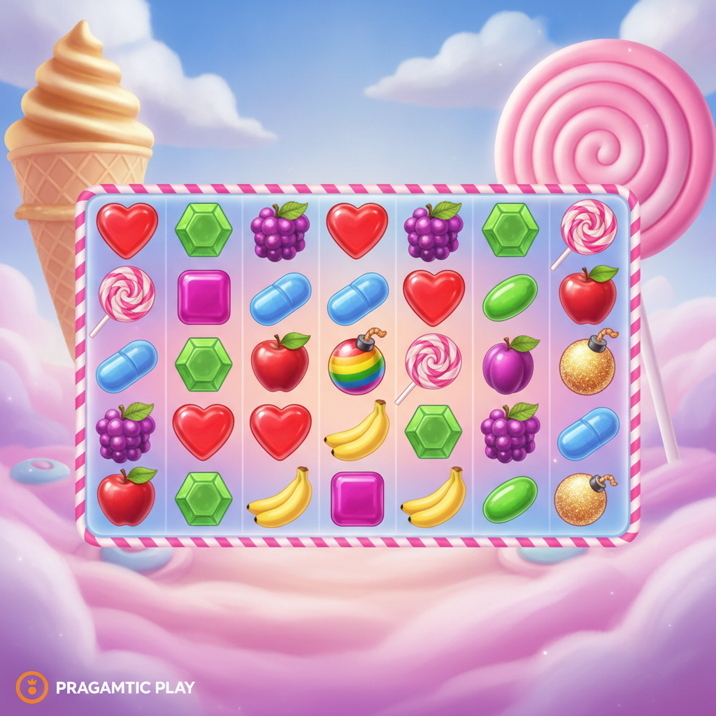 Sweet Bonanza 2500 slot game showing 6x5 candy-themed reels with heart candies, lollipop scatter, multiplier bombs, and colorful fruit symbols on pink cotton candy background