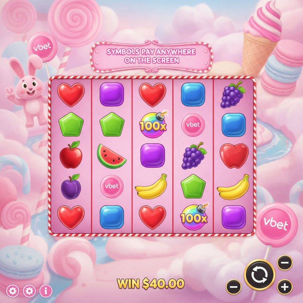 Vbet Sweet Bonanza slot game featuring 6x4 grid with colorful candy symbols including red hearts, purple squares, green pentagons, blue ovals, fruits, rainbow multiplier bombs, and pink Vbet lollipop scatters in a pastel candy fantasy world