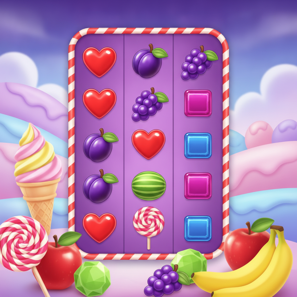 Sweet Bonanza slot game featuring colorful candy landscape with spiral lollipops, heart candies, bananas, grapes, plums and apples on purple reels with candy cane border