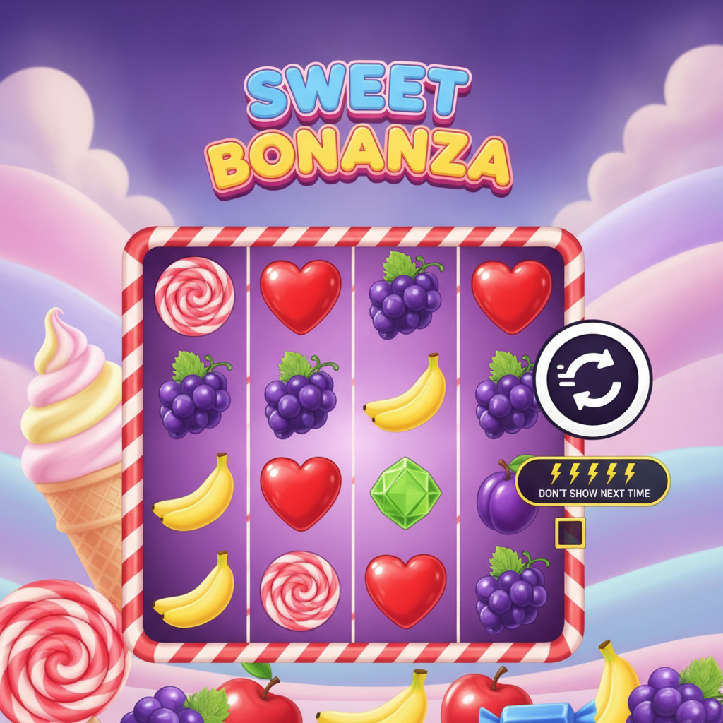 Sweet Bonanza slot game screen showing colorful candy landscape with purple reels, spiral lollipop scatter symbols, fruit symbols including bananas grapes apples, heart candies, and candy cane border