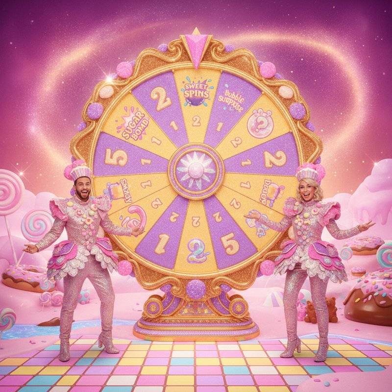 Sweet Bonanza CandyLand spinning wheel with golden frame, purple and yellow segments showing numbers 1, 2, 5, Sugar Bomb, Sweet Spins, Candy Drop, and Bubble Surprise bonus games, with live presenters in candy-themed costumes standing in pastel pink candy landscape