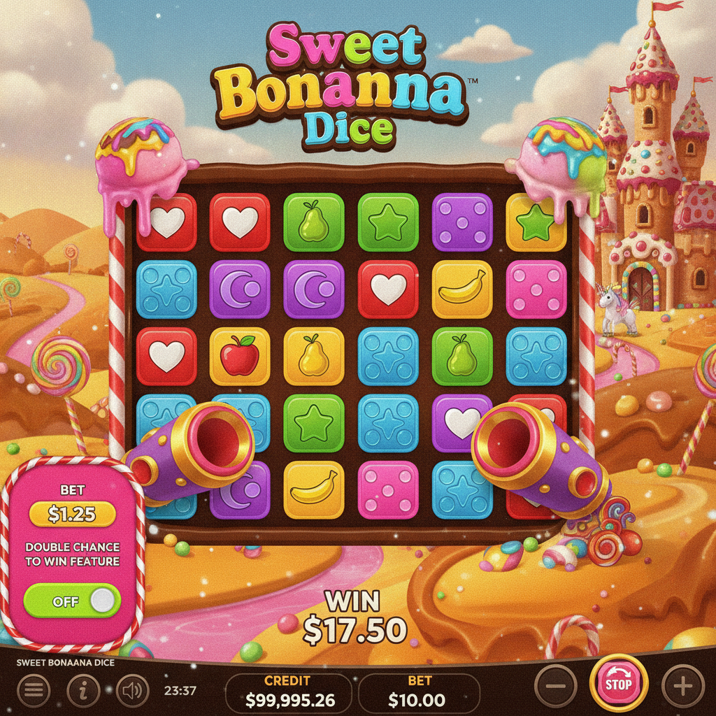 Sweet Bonanza Dice slot game featuring colorful dice symbols with hearts, moons, stars, and fruit patterns on a 6x5 grid with candy-themed background including lollipops, candy canes, and a gingerbread castle