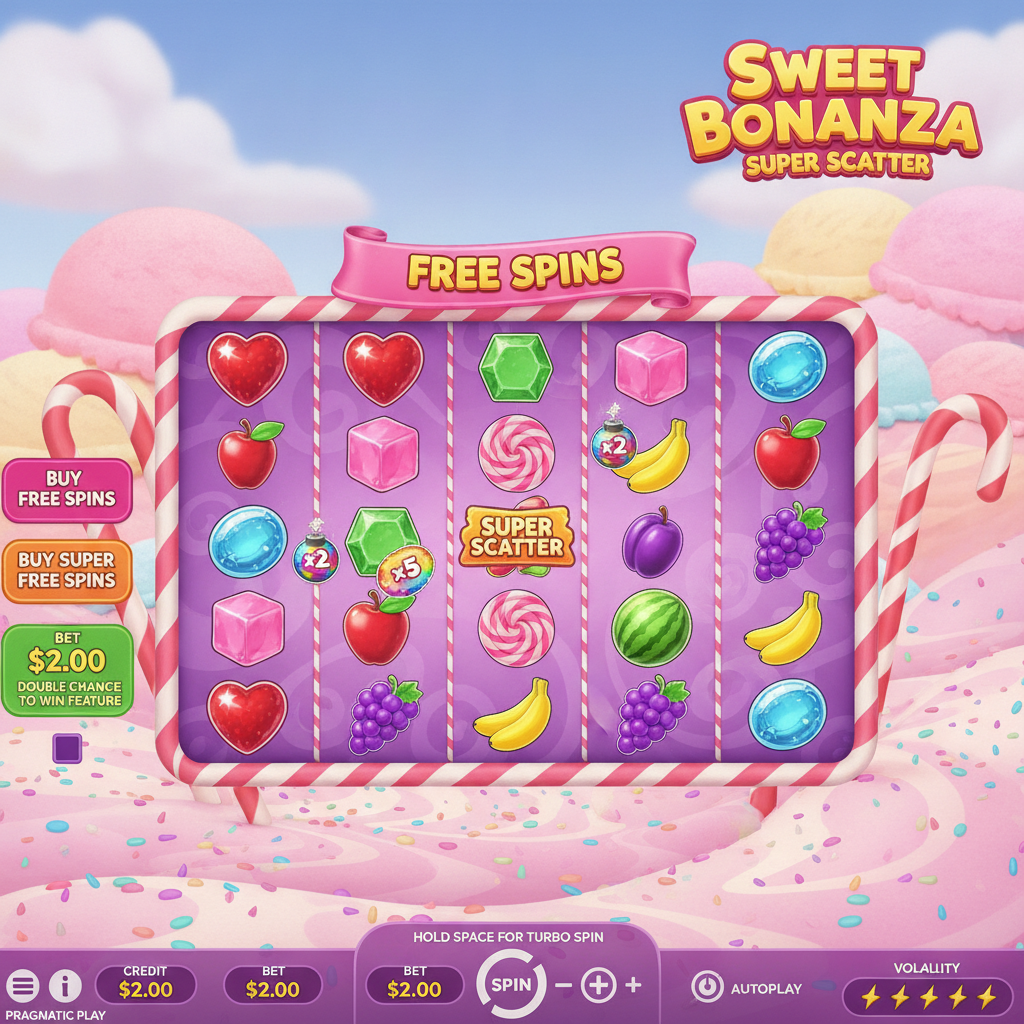 Sweet Bonanza Super Scatter slot game showing 6x5 grid with colorful candy symbols, fruit symbols, pink lollipop scatters, and purple game board on pastel candy landscape background