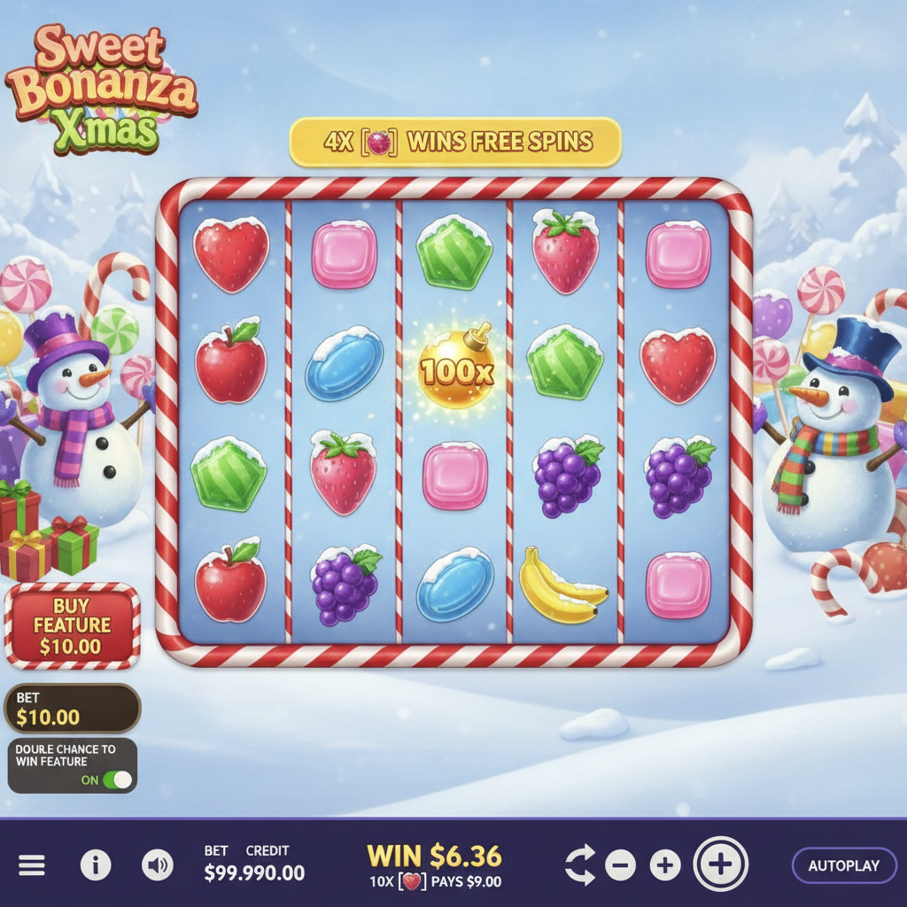 Sweet Bonanza Xmas slot game showing festive 6x5 grid with candy hearts, lollipops, fruits covered in snow, gold multiplier bombs, and Christmas decorations