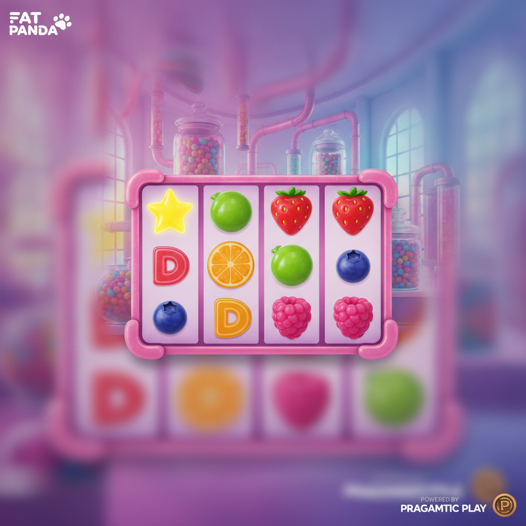 Sweet Burst slot game with colorful candy symbols including star, lime, strawberry, orange, raspberry and blueberry in a pink candy factory laboratory setting