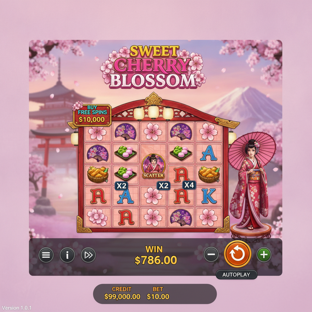 Sweet Cherry Blossom slot game showing 7x7 grid with cherry blossom symbols, traditional Japanese garden background with torii gate, pagoda, and anime character in kimono