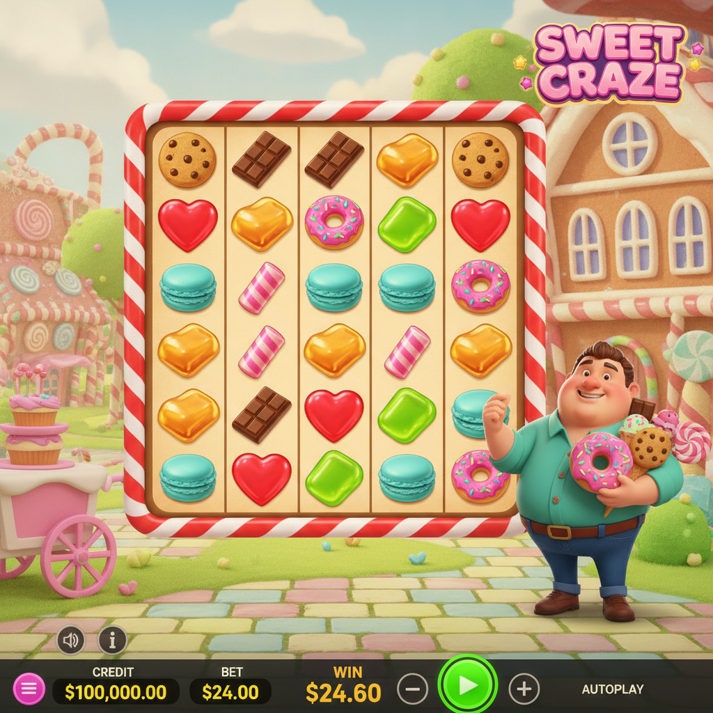 Sweet Craze slot game by Pragmatic Play featuring colorful 7x7 candy grid with donut, cookie, chocolate bar, macaron, heart candy symbols and cheerful mascot character