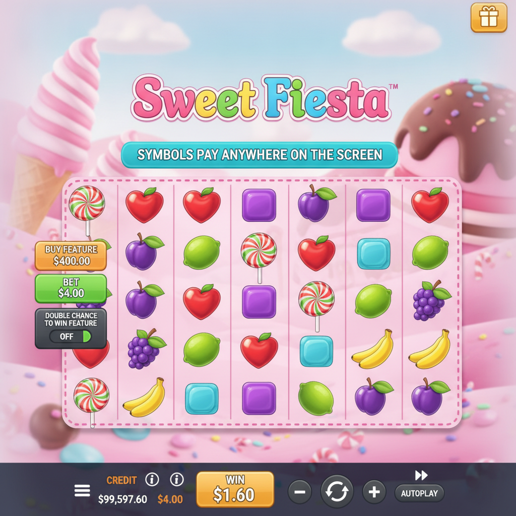 Sweet Fiesta slot game showing 6x5 candy-themed grid with colorful heart candies, pentagon sweets, lollipops, and fruit symbols against pink candy land background