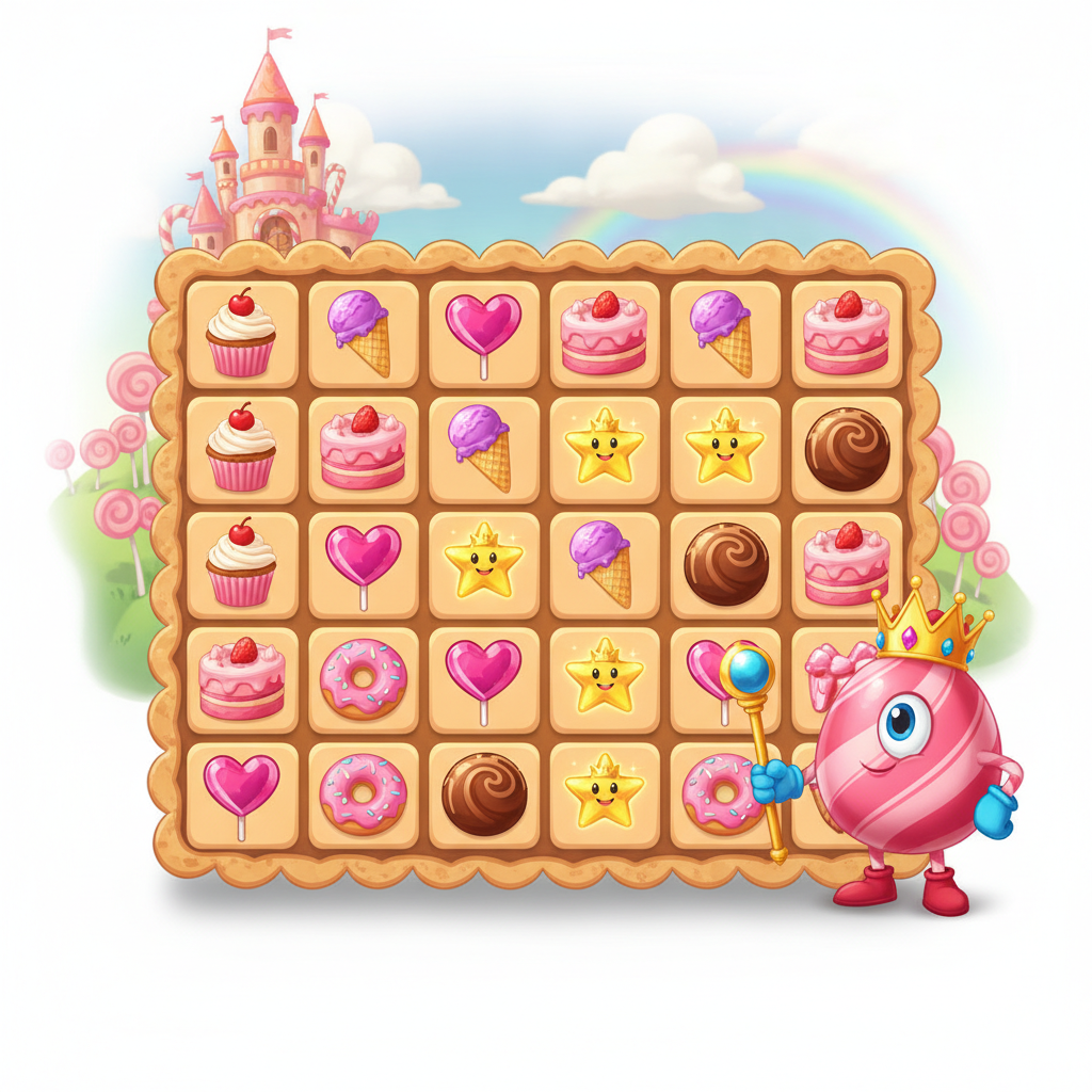 Sweet Kingdom slot game showing 7x7 grid with candy symbols including cupcakes, donuts, lollipops, ice cream cones on pastel candy castle background