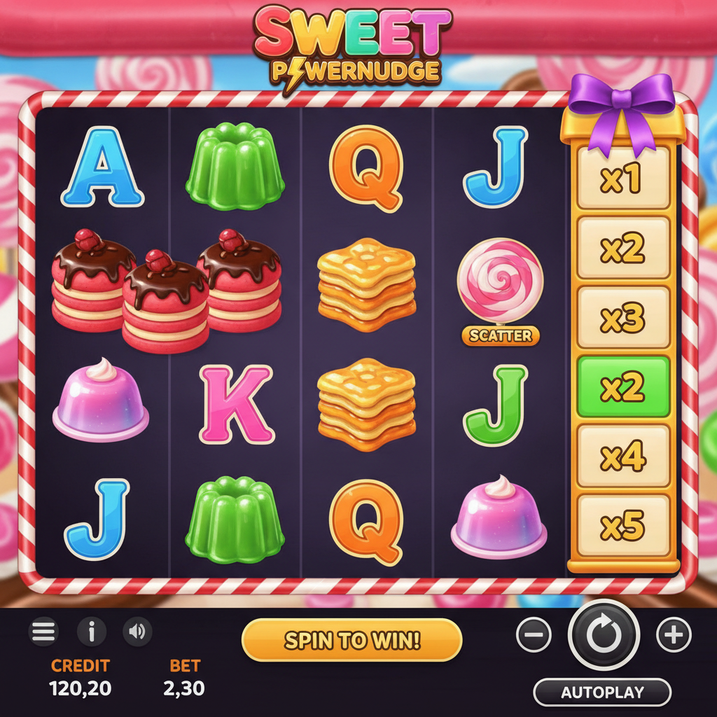 Sweet PowerNudge slot game showing 6x5 candy-themed grid with colorful jelly symbols, bubble letters A K Q J, pink lollipop scatter, candy-cane striped border and golden multiplier reel